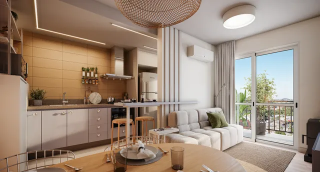 Sala de estar moderna com sofá claro e portas de vidro que oferecem vista para o exterior.
