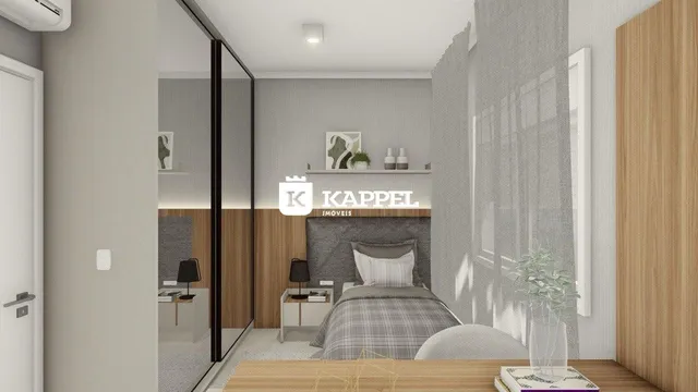 Foto de um quarto com cama e cabeceira em um imóvel moderno.