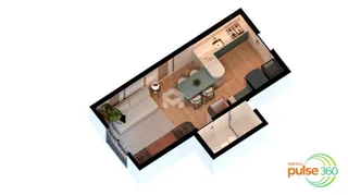 Vista 3D de um apartamento com sala de estar, jantar e cozinha integrados.