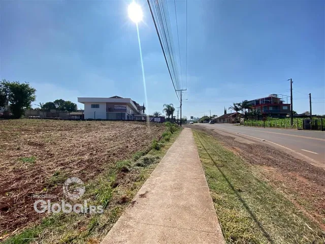 Vista de uma estrada rural com campo aberto e construções ao fundo.