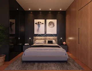 Quarto com cama grande e decoração moderna em um ambiente com paredes escuras.
