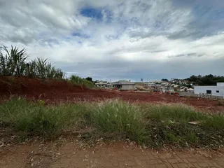 Paisagem de terra vermelha com vegetação rasteira sob um céu nublado.
