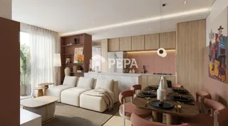 Sala de estar moderna com sofá e mesa de jantar.