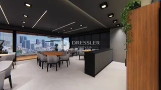 Ambiente de jantar moderno com mesa de madeira e decoração contemporânea.