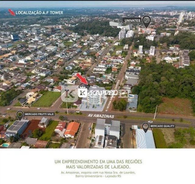 Vista aérea de um bairro residencial em Lajeado, mostrando ruas e edificações.