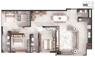 Planta baixa de um apartamento mostrando a disposição dos cômodos.