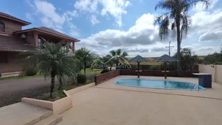 Foto da área externa com piscina e deck de concreto em um quintal com palmeiras.