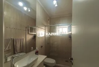 Banheiro com pia, vaso sanitário e box de vidro.