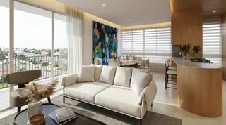 Sala de estar moderna com grandes janelas e vista externa.