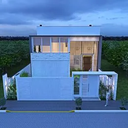 Fachada moderna de uma residência em Lajeado, Brasil, ao entardecer.