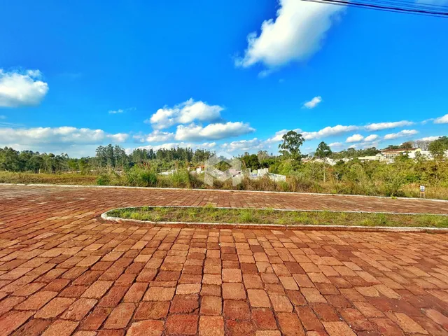 Vista externa de uma área pavimentada com tijolos e vegetação ao fundo.