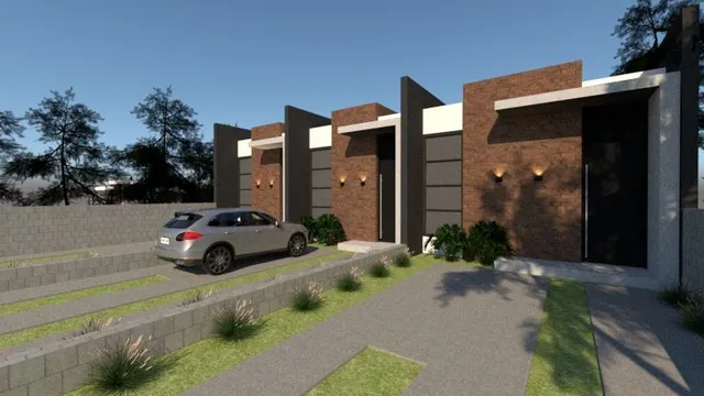 Foto da fachada de uma casa moderna com revestimento de tijolos em Lajeado, Brasil.