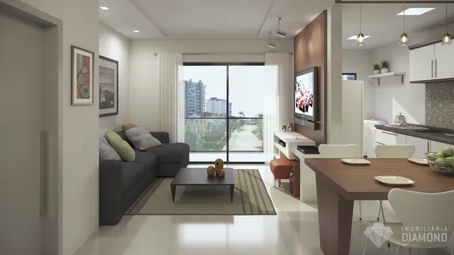 Sala de estar moderna com grandes janelas e decoração contemporânea.