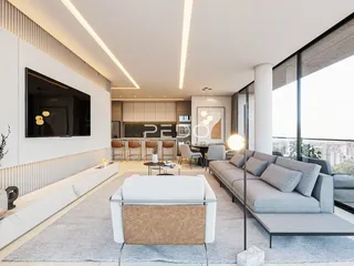 Sala de estar moderna com sofá cinza e piso claro.