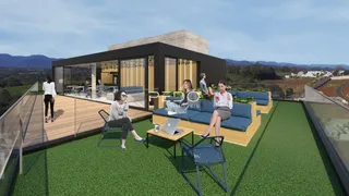 Vista de área comum externa de uma residência em Lajeado com mobiliário de lazer.