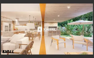Ambiente de sala de estar e cozinha integrada com área externa em Lajeado, Brasil.