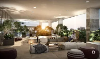 Sala de estar ampla com decoração moderna em um imóvel.