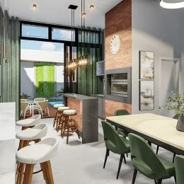 Ambiente interno com mesa de jantar e grandes janelas com vista para o exterior.