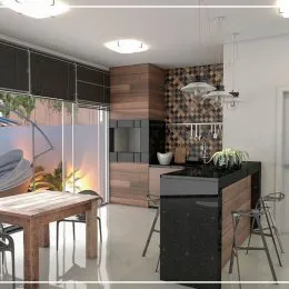 Cozinha com painéis de madeira e vista para o exterior.