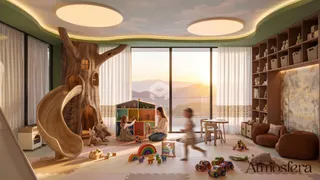 Sala de estar com decoração de madeira e vista para o horizonte.