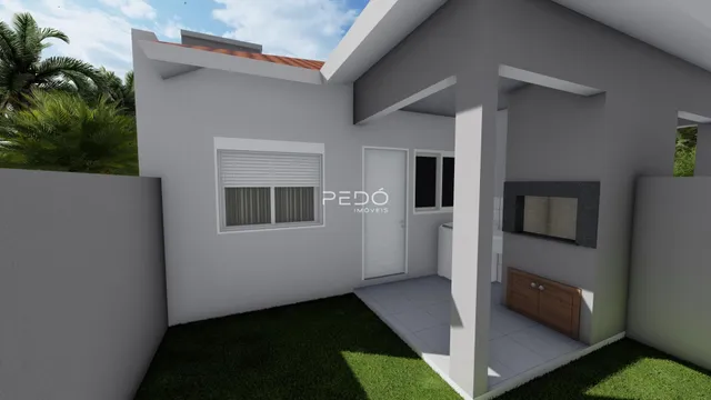 Renderização 3D da fachada e interior de uma residência.