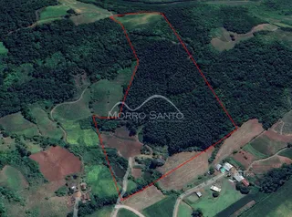 Vista aérea de uma área rural com vegetação densa e estradas de terra.