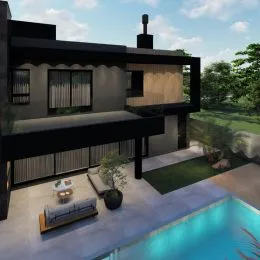 Fachada de uma residência moderna com piscina no exterior.