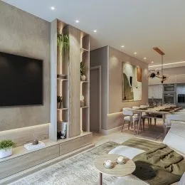 Sala de estar com paredes claras e decoração moderna.