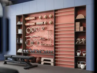 Uma sala com estantes de equipamentos de ginástica e pesos.