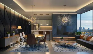Sala de estar e jantar moderna com decoração contemporânea em um apartamento.