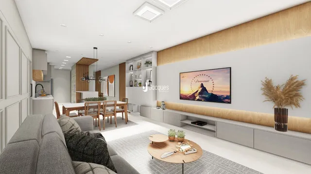 Sala de estar moderna com decoração contemporânea e painel de destaque.