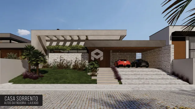Fachada moderna de uma casa em Lajeado, Brasil, com jardim e garagem.