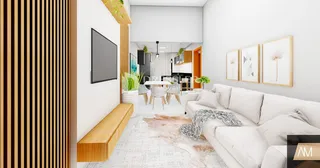 Uma sala de estar moderna com paredes brancas e piso claro.