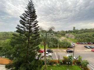Vista externa de uma propriedade com árvores e área verde.