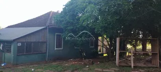 Vista externa de uma casa verde com telhado de telhas e grande árvore ao fundo.