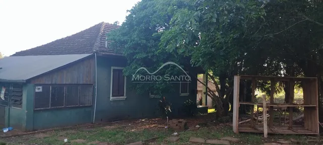 Vista externa de uma casa verde com telhado de telhas e grande árvore ao fundo.