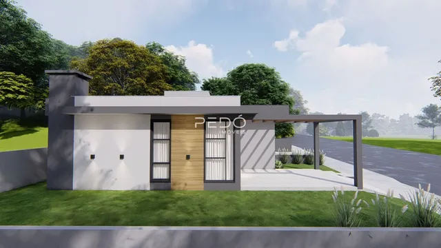 Fachada de uma casa moderna com área coberta em Lajeado, Brasil.