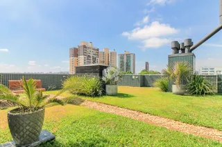 Vista de um jardim com gramado e caminho em uma propriedade.