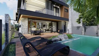 Fachada de casa moderna com piscina e área externa.