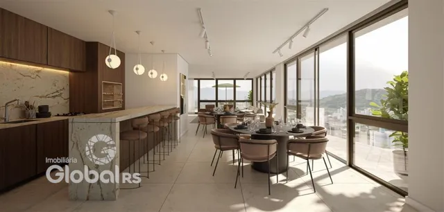 Ambiente moderno de sala de jantar e cozinha com vista para a paisagem.