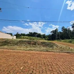 Vista externa mostrando um caminho de tijolos e vegetação seca em um dia claro.