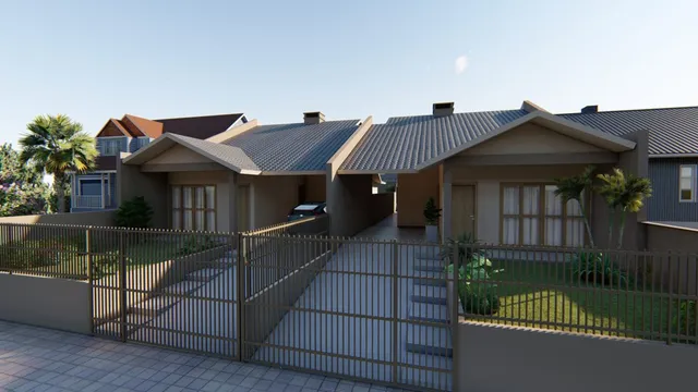 Fachada de uma casa em Lajeado com cerca e jardim.