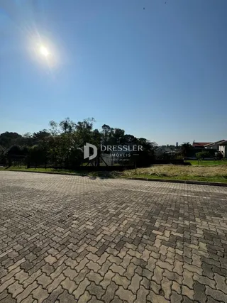 Vista externa de uma área pavimentada com árvores ao fundo.