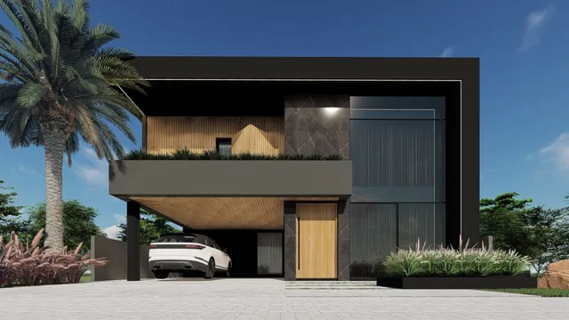 Fachada externa de uma casa moderna com paisagismo em Lajeado.