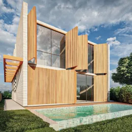 Fachada moderna de uma casa com piscina em Lajeado, Brasil.