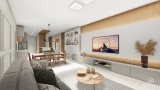 Sala de estar e jantar com sofá e mesa de madeira em um apartamento moderno.
