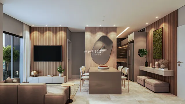 Ambiente moderno de sala de estar com painéis de madeira e decoração contemporânea.