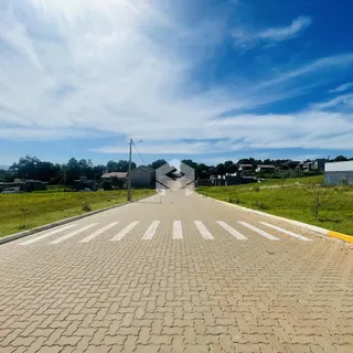 Uma estrada pavimentada com faixas de pedestres se estende por uma área gramada com casas ao fundo.