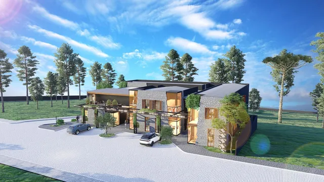 Fachada moderna de uma casa com revestimento de pedra e paisagismo exuberante em Lajeado.