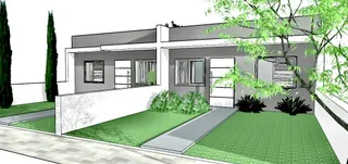 Desenho esquemático da fachada de uma residência com jardim.